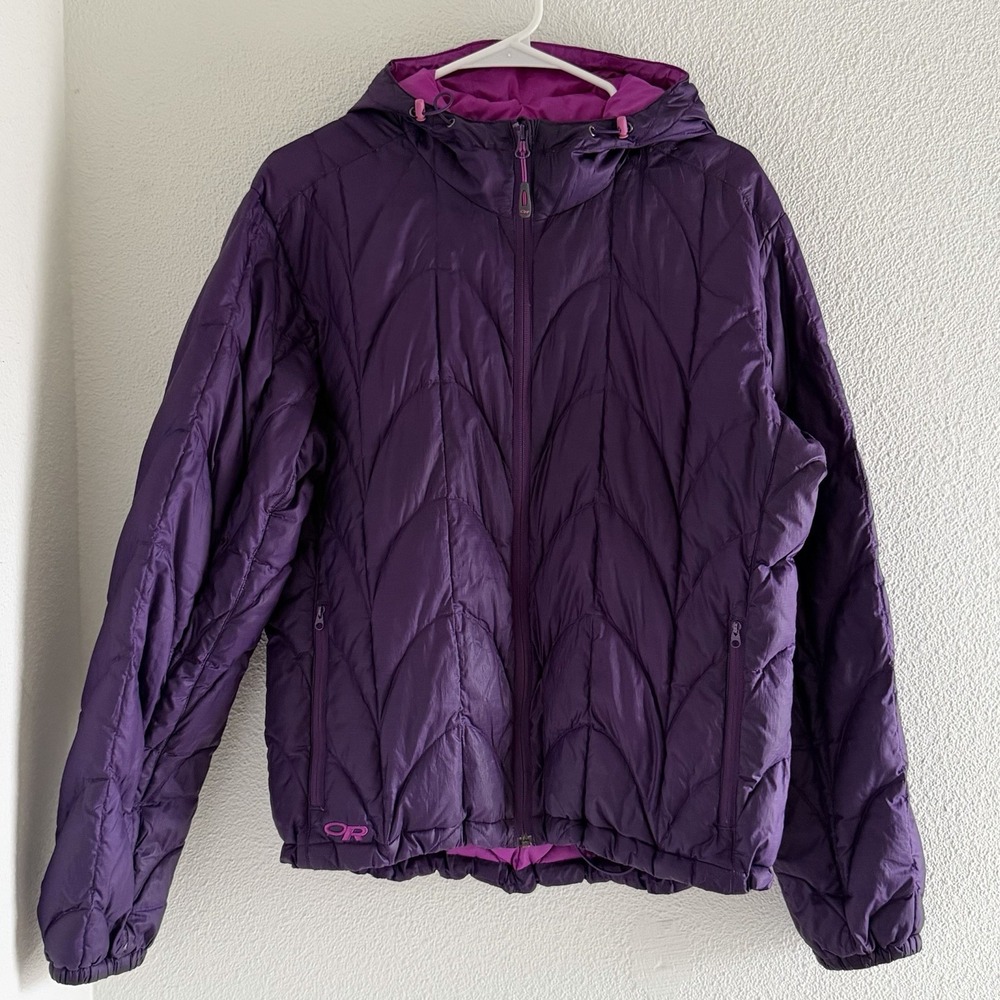 Outdoor Research Aria Hoody Down Puffer Jacket Womens L Purple 650 Fill